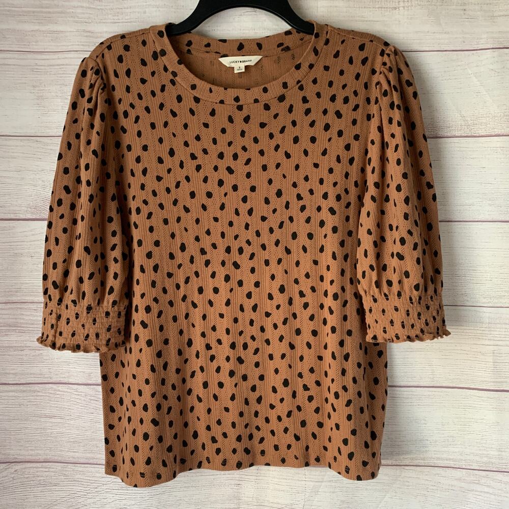 Lucky Brand Brown and Black Polka Dot Blouse Puff Sleeve Smocked Cuffs Size L